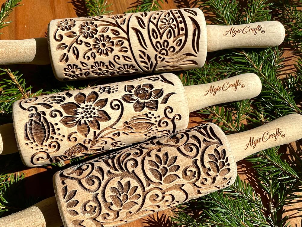 FLORET 3 Kid Rolling Pin Set with Lotus, Kashmir, Paisley, Flowering Vine, Lily Flowers Patterns. Wooden Laser Cut Mini Rolling Pins for Cookies, Play Dough, Salt Dough or Clay by Algis Crafts