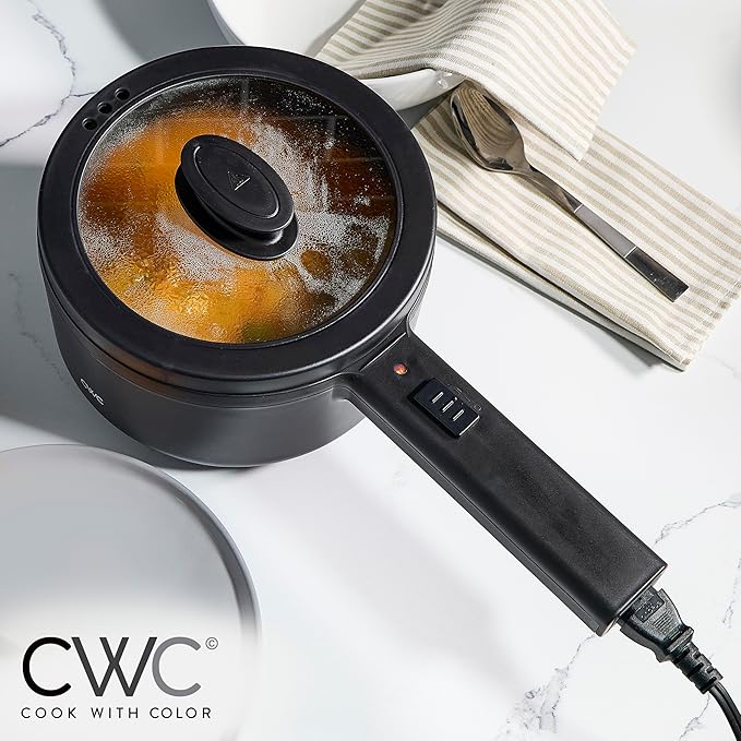 COOK WITH COLOR Electric Hot Pot, 1.6L Mini Cooker, 700W Power, Non-Stick Surface, Thermal Cut-Out Protection, Perfect for Rice, Noodles, Soups, Stews, Dorms, Apartments, and Small Kitchens, Black