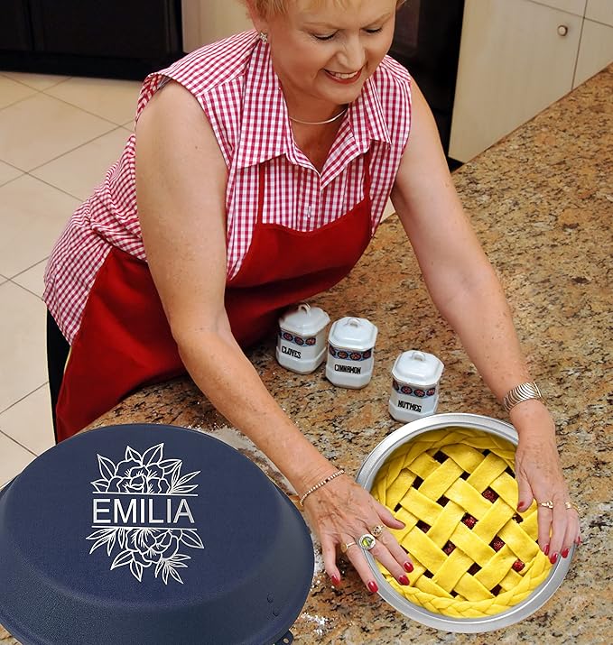 Personalized Aluminum Pie Pan with Lid, Customized Engraved Monogram Cake Pan - Wedding, Anniversary, Housewarming, Birthday Gift (Blue)