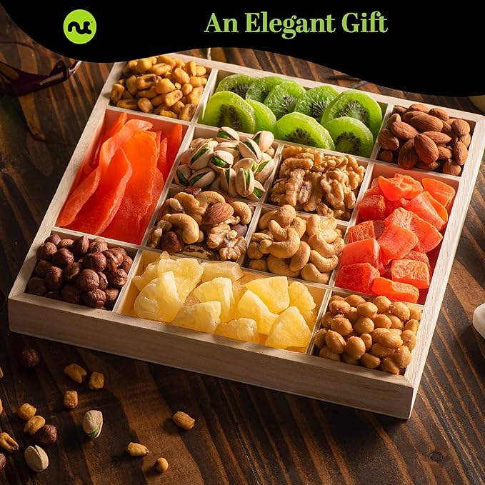 NUT CRAVINGS - Rosh Hashana & Shana Tova Dried Fruit & Mixed Nuts Gift Basket in Reusable Wooden Tray + Ribbon (12 Assortments) Food Arrangement, Healthy Snack Care Package, Food Assortments
