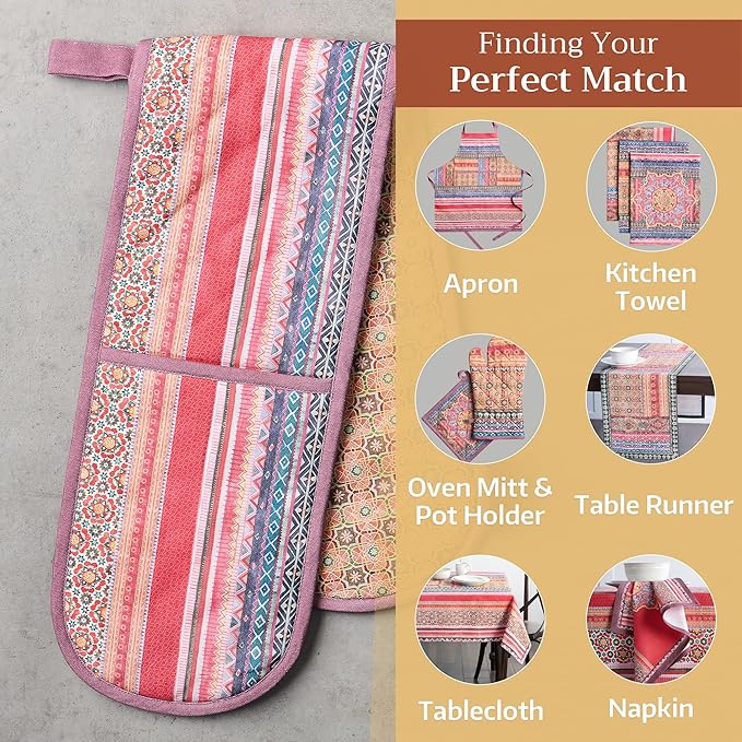 Maison d' Hermine Double Oven Mitts 100% Cotton 7"x35" Double Oven Mitt Heat Resistant BBQ Cooking Gloves with Loop, Baking, Grilling, Home, Kitchen, Handling Hot Pans (Ispahan)