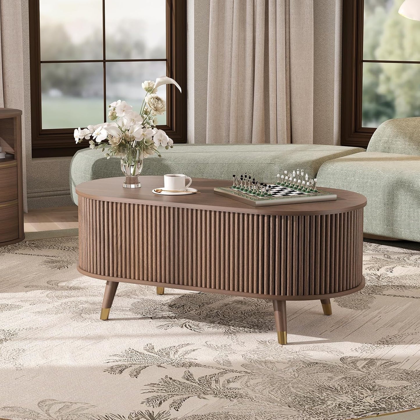 Oval Coffee Table with Storage,42.5” Fluted Coffee Table with Lifting Top & Solid Wood Legs,Modern Lift Up Center Table for Living Room,Home Office,Walnut