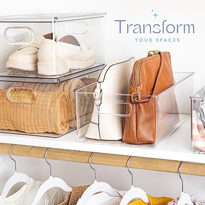 Plastic Food Storage 2 Pack Clear Container Bin with Handles for Organizing Kitchen, Pantry, Refrigerator, Freezer, Pantry, Cabinet, Closet, Bathroom. 14”x8”x5”