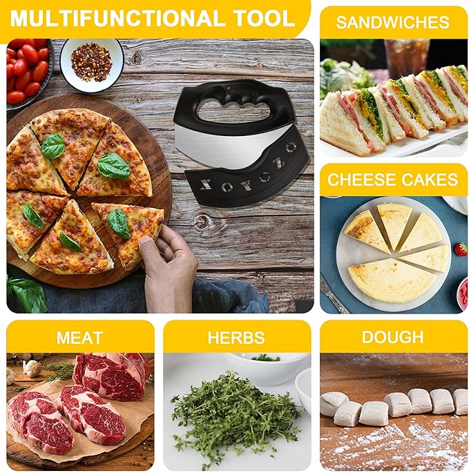 XoYoZo Pizza Cutter Salad Chopper Large Stainless Steel Blade with Cover, Dough Rocker Mezzaluna Knife for Kitchen Gadgets