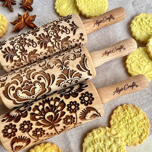 FLOWERS 3 Kid Rolling Pin Set with Damask, Folk and Floral Wreath Patterns. Wooden Laser Cut Mini Rolling Pins for Cookies, Play Dough, Salt Dough or Clay by Algis Crafts