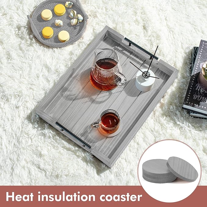 Ottoman Tray | Coffee Table Tray Decorative, Serving Tray with Handles - 17x13 Inch Wood Tray for Coffee Table Tray - with 4 Wooden Coasters -Tray for Ottoman, Breakfast