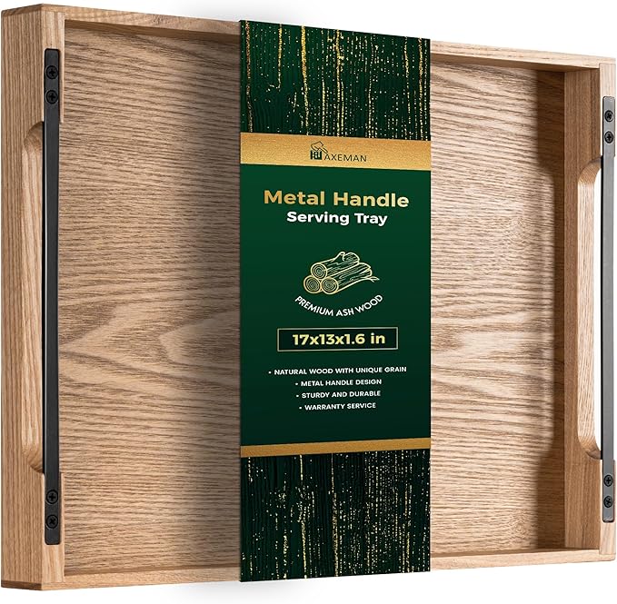 Axeman Wooden Serving Tray with Metal Handles|Ottoman Tray for Breakfast, Bed, Couch|17x13in Ash Wood Coffee Table Trays|Food Drinks Decorative Storage Boards for Ottoman Kitchen, Natural