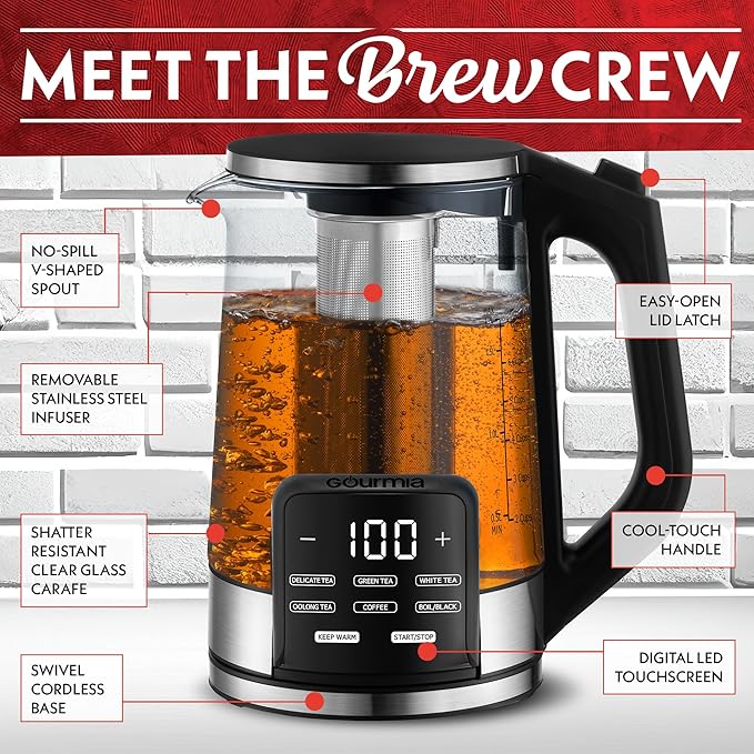 Gourmia Electric Programmable Glass Kettle – 1.7L Temperature Control Tea & Coffee Kettle with Digital Touch Display, 6 Presets, Keep Warm, Removable Stainless Steel Infuser, 360° Swivel Base – Green