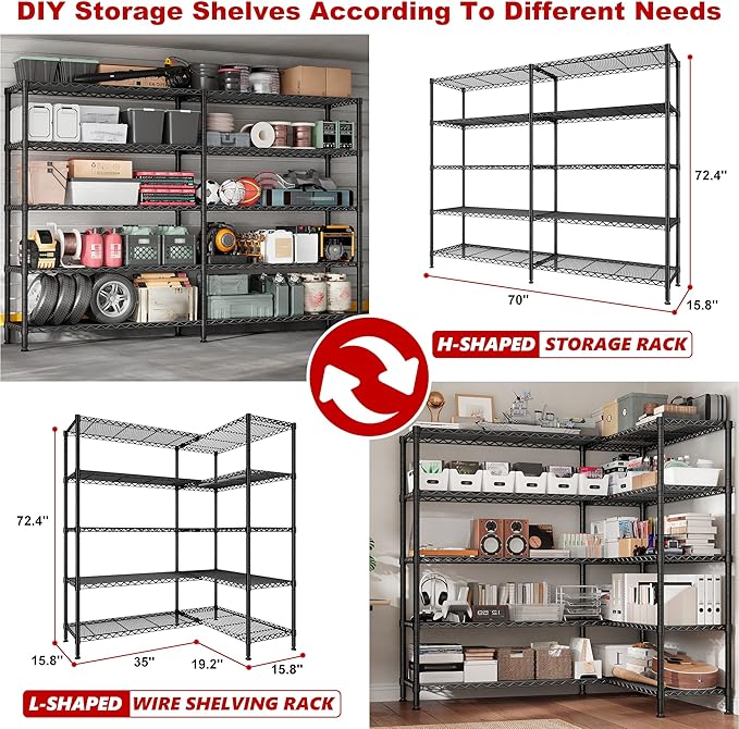 REIBII 70"W Storage Shelves Load 1600LBS, Metal Shelving 5-tier Wire Shelving Unit Metal Shelves for Storage Adjustable Garage Shelving for Pantry Kitchen Garage Commercial school 70"W*15.8"D*72.4"H