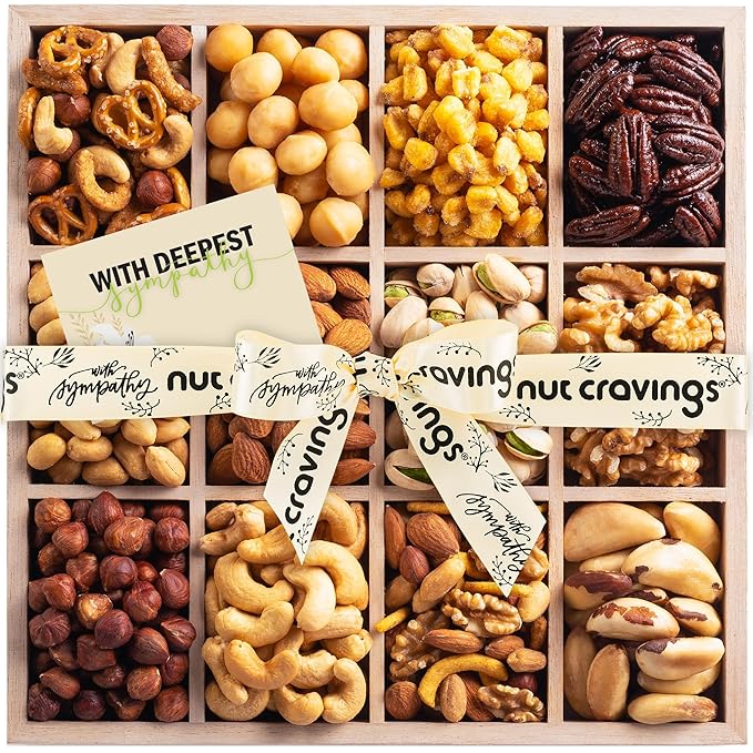 NUT CRAVINGS Gourmet Collection - Sympathy Condolence, Nuts Gift Basket with Sympathy Ribbon + Greeting Card in Reusable Wooden Tray (12 Assortments) Food Platter Healthy Snack Care Package, Food Assortments