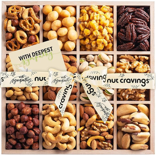 NUT CRAVINGS Gourmet Collection - Sympathy Condolence, Nuts Gift Basket with Sympathy Ribbon + Greeting Card in Reusable Wooden Tray (12 Assortments) Food Platter Healthy Snack Care Package, Food Assortments