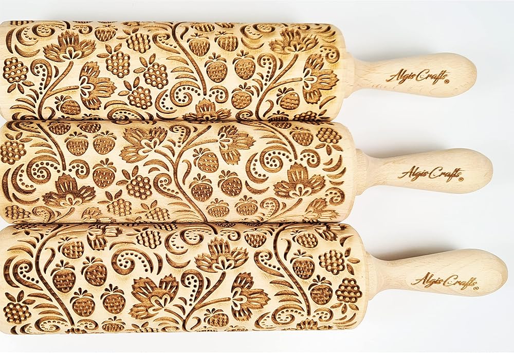 STRAWBERRY embossing rolling pin. Engraved wooden embossed dough roller for embossed cookies or clay by Algis Crafts