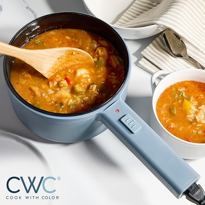 COOK WITH COLOR Electric Hot Pot, 1.6L Mini Cooker, 700W Power, Non-Stick Surface, Thermal Cut-Out Protection, Perfect for Rice, Noodles, Soups, Stews, Dorms, Apartments, and Small Kitchens, Blue Grey