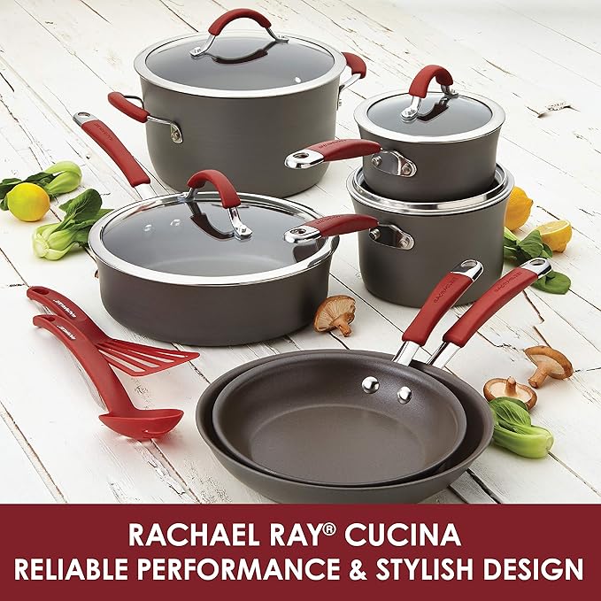 Rachael Ray - 87630 Rachael Ray Cucina Hard Anodized Nonstick Cookware Pots and Pans Set, 12 Piece & KitchenTools and Gadgets Nylon Cooking Utensils / Spatula / Fish Turners - 2 Piece, Red