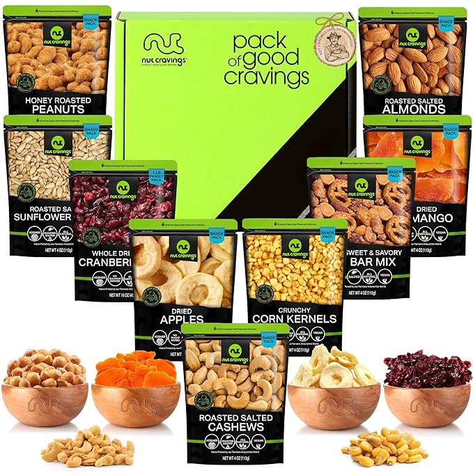 NUT CRAVINGS - Dried Fruit & Mixed Nuts Basket in Green Box (9 Assortments of 4 oz, 2.25 lb) Food Arrangement, Healthy Snack Care Package, Food Assortments