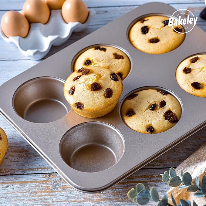 Muffin Cake Pan, 13-inch Non-Stick 6-Cavity Cupcake Pan Bakeware for Oven Baking (Champagne Gold)