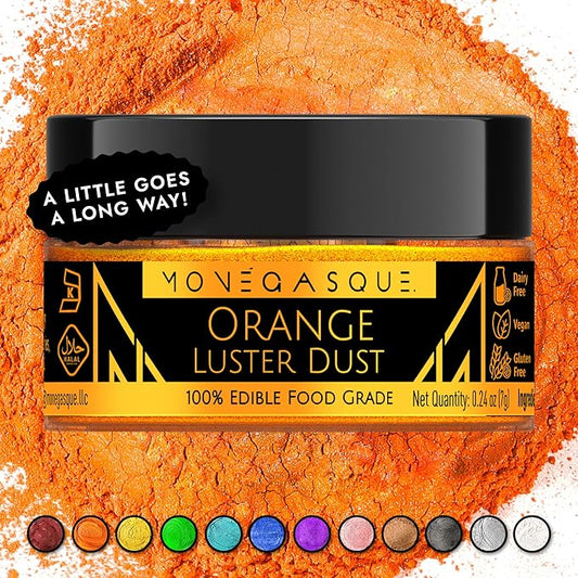MONÉGASQUE Orange Edible Glitter for Drinks 7g – Edible Glitter for Cakes & Cocktails - Orange Luster Dust for Cocktail, Halloween Cake, & Strawberries - Drink, Food Decorations, Cake Decorating Spray