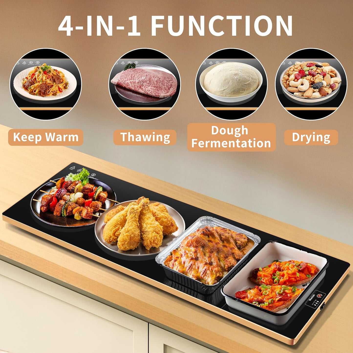 Electric Warming Tray（Extra Long 40”x12”），Food Warmer with Thermostat and Full Surface Heating，Food Warming Mat with 2 Temperature Modes for Parties Buffet，Gatherings，Gold Edge Warming Mat for Food