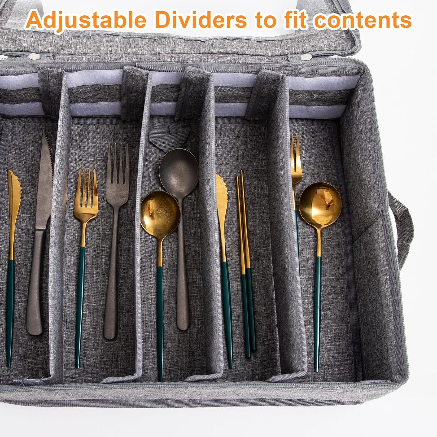 Flatware Utensil Storage Case With Adjustable Dividers,5 Compartments Zipper Flatware Storage Case, Silverware Storages Cases With Handles And Organizes Cutlery Stackable