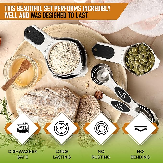 Spring Chef Magnetic Measuring Cups & Spoons Set (Patent Pending), Strong N45 Magnets, Heavy Duty Stainless Steel Fits in Spice Jars for Baking & Cooking, BPA Free, Round Set of 9, Black