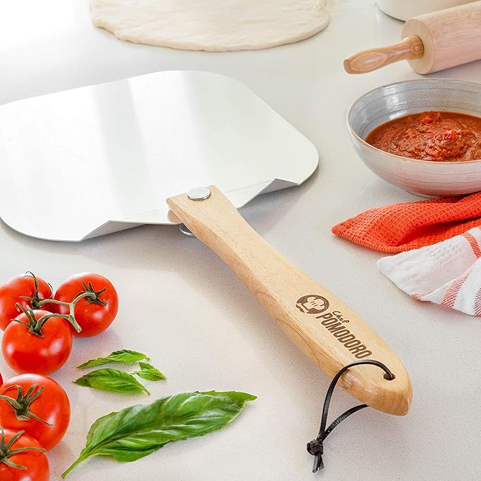 Chef Pomodoro Aluminum Metal Pizza Peel with Foldable Wood Handle for Easy Storage, Pizza Spatula, Gourmet Luxury Pizza Paddle for Baking Homemade Pizza Bread (12 inch)