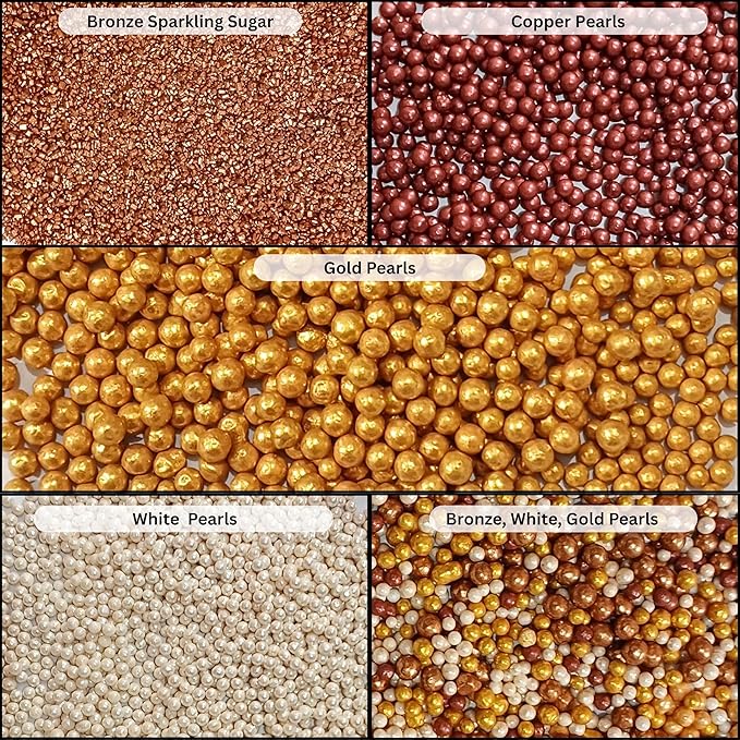 Confect Sprinkle Mix – Edible Gold, Bronze & White Sugar Pearls with Copper Sparkling Sugar –Great Gatsby Disco Ball- Elegant Cake, Cupcake & Cookie Decorating Sprinkles –Vegan, Gluten-Free, Nut-Free, Soy-Free, Dairy-Free, Palm Oil-Free, Dye Free- 5 Oz