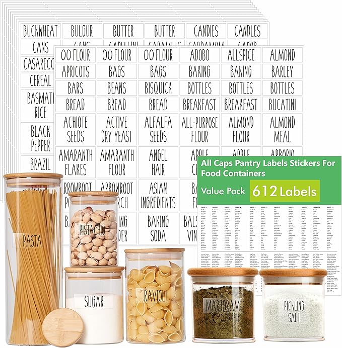 Hebayy 612 All Caps Minimalist Pantry Food Labels, Herb Spice Seasoning Oil Stickers, Plus 51 Blank Ones, Waterproof, Oil & Tear Resistant, No Residue, Expand Version for Kitchen Containers Jars