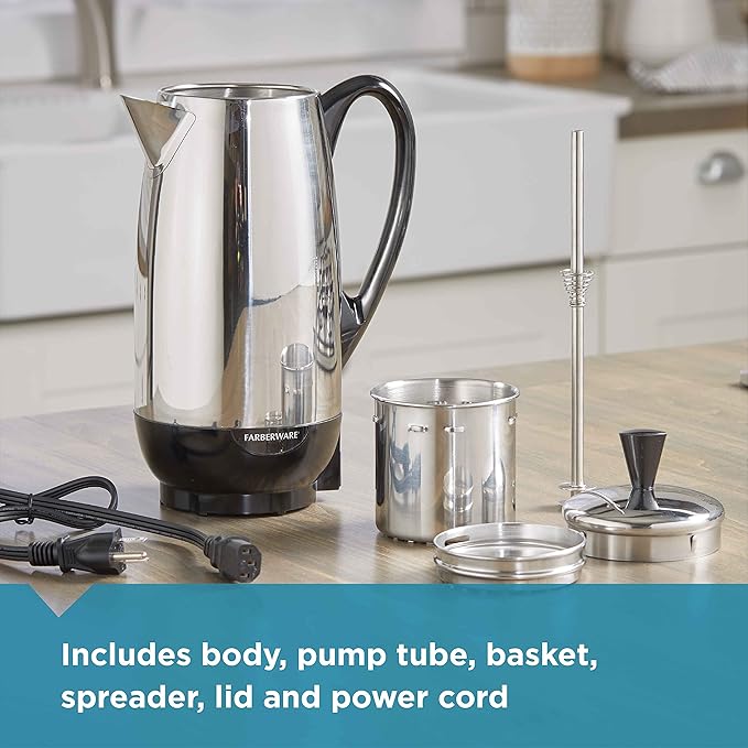 Farberware 12 Cup Electric Coffee Percolator, Coffee Maker with Stainless Steel Basket, Automatic Keep Warm, No-Drip Spout
