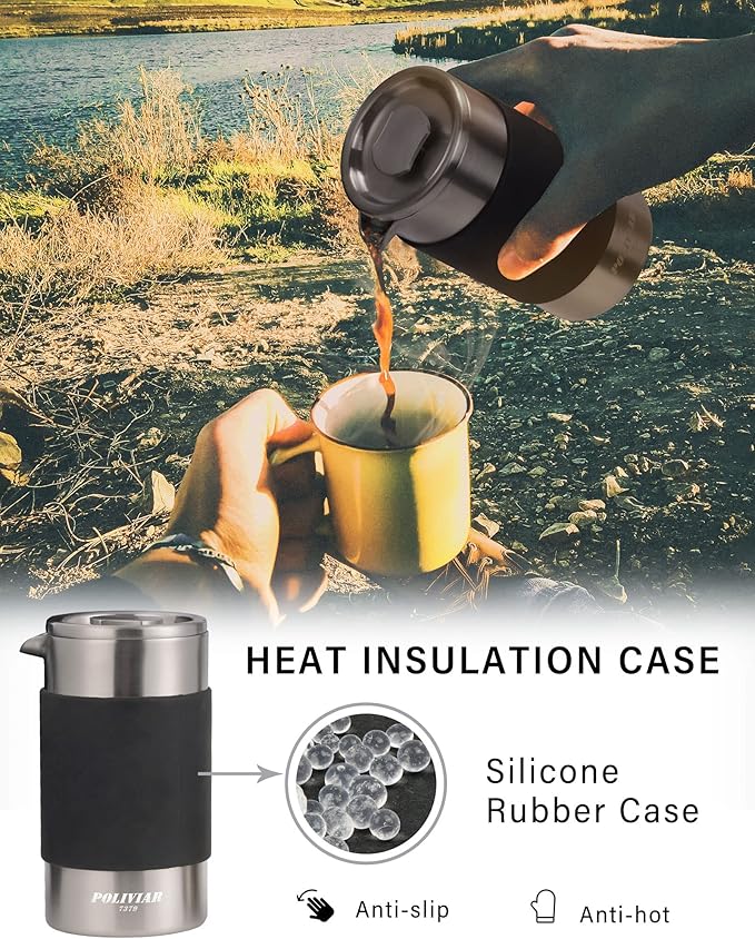 POLIVIAR French Press Coffee Maker, 12 oz Portable French Press with Mini Canister and Collection Bag, Double Wall Insulation & Dual- Filter Screen, Food Grade Stainless Steel for Coffee