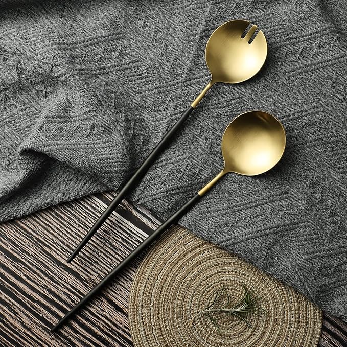 Salad Servers,Spoon and Fork Set 11.41 inch,18/10 Stainless Steel Salad Serving Titanium Plating (black gold)