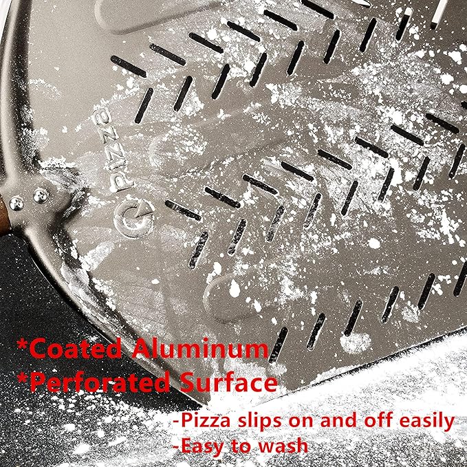 Q Pizza Perforated Pizza Peel 14", Non-stick Pizza Turning Paddle Pizza Oven Accessory, Extra Large Metal Pizza Spatula for Grill Oven Baking Bread Pastry Dough Pie Cake, Aluminium PT204