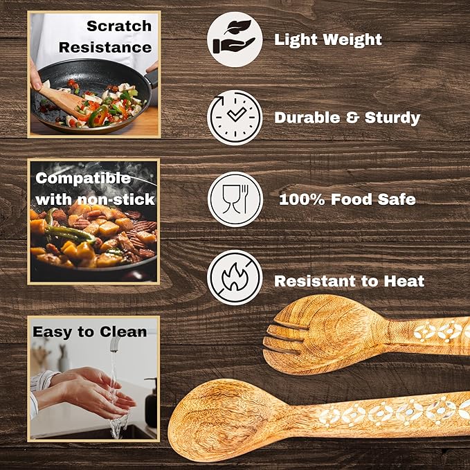 Salad Spoon Set 13 inches Tongs Serving Utensils Set,Acacia Salad Spoon and Fork Set Long Handle Salad Server Set Wood Serving Utensils