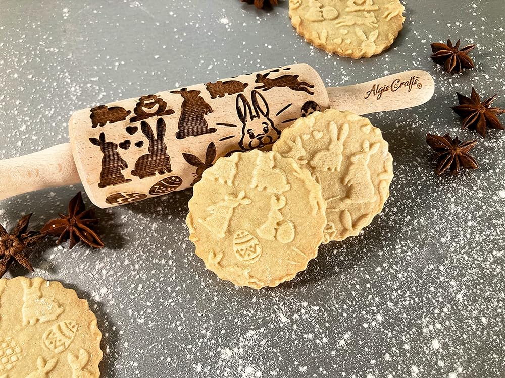 EASTER 3 Mini Embossed Rolling Pin Set. Wooden Laser Cut Embossing Rolling Pins for Embossed Cookies. Easter, Rabbit, Egg, Chicken, Spring, Flowers from Algis Crafts