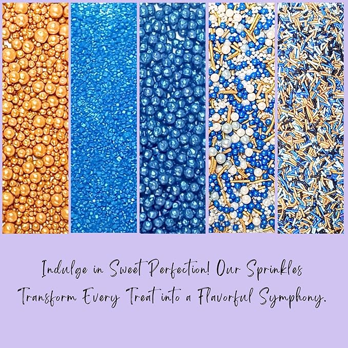 Confect Edible Sprinkles – Marine Royalty Theme – Assorted Pack with Navy Blue & Champagne Gold Dragees, Gold Jimmies & Bright Blue Sparkling Sugar – Sprinkles for Cake Decorating- Vegan, Gluten-Free, Nut-Free, Soy-Free, Dairy-Free, Palm Oil-Free-5 Oz