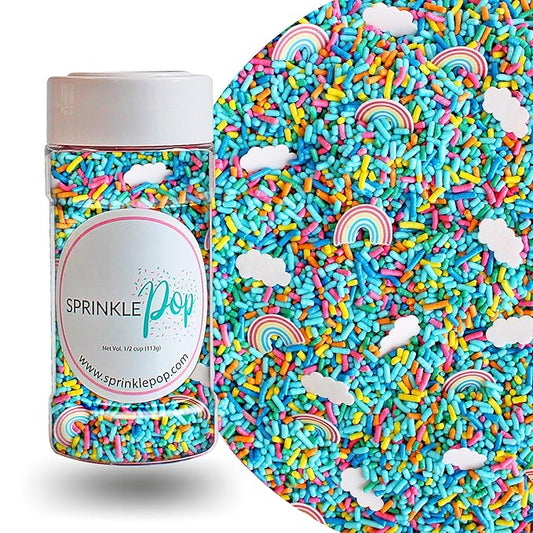 Sprinkle Pop You're My Rainbow Sprinkle Mix| Rainbow Sprinkles Heavy on Blue Jimmies with ~20 Rainbow and Clouds Wafer Papers| Birthday Sprinkles Made in USA for Decorating Cake Cupcakes Cookie, 4oz