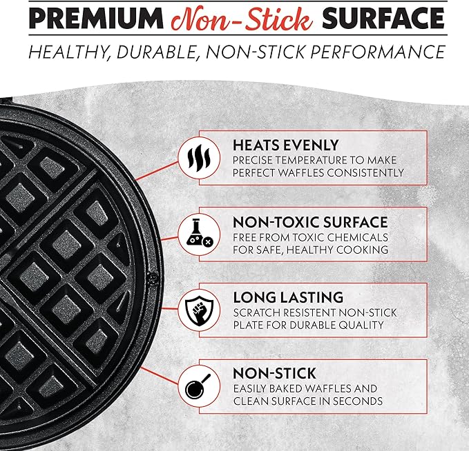 Gourmia GWM468 Dual Pour Waffle Maker with Easy Pour Spout + Horizontal Pour, Angled Cooking, 5 Shade Settings, and Indicator Lights - Recipe Book Included