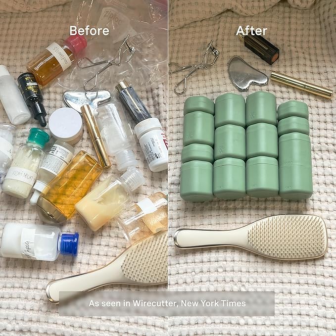 Cadence Travel Containers - Full Skincare Set - Magnetic Containers with Lids,Carry On Travel Essentials For Women/Men - 2 Small (0.56oz), 4 Medium Capsules (1.32oz), & Extender (1.43oz) - Eucalyptus