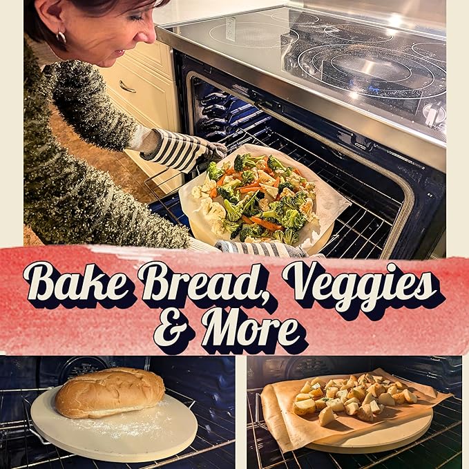 16 inch Round Pizza Stone for Oven - Large Pizza Stone for Grill with Handles and Dough Tool - Round Baking Stone for Bread - Pizza Making Accessories - Cooking Gifts for Food Lovers