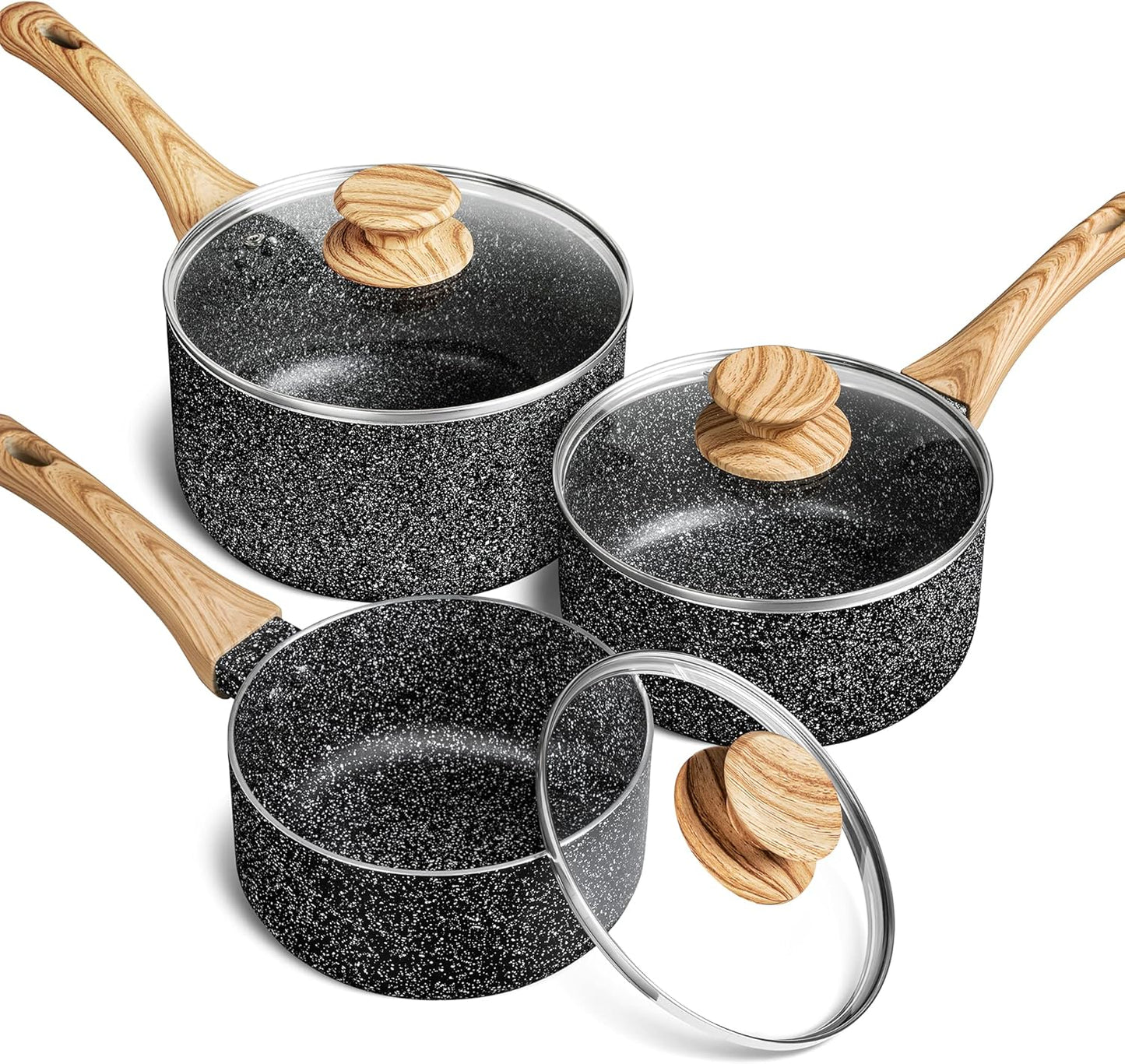 MICHELANGELO Saucepan Set with Lid, Nonstick Sauce Pan with Lid 1QT, 2QT & 3QT, Stone Saucepan Sets, Small Sauce Pot with Lid, Granite Sauce pan 3 Piece, Sauce Pots, Black