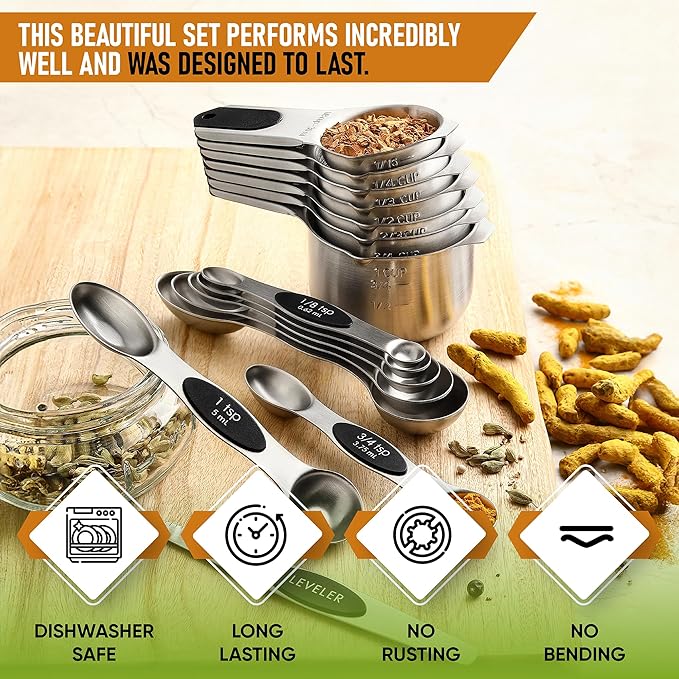 Spring Chef Magnetic Measuring Cups & Spoons Set (Patent Pending), Strong N45 Magnets, Heavy Duty Stainless Steel Fits in Spice Jars for Baking & Cooking, BPA Free, Round Set of 15 with Leveler, Black