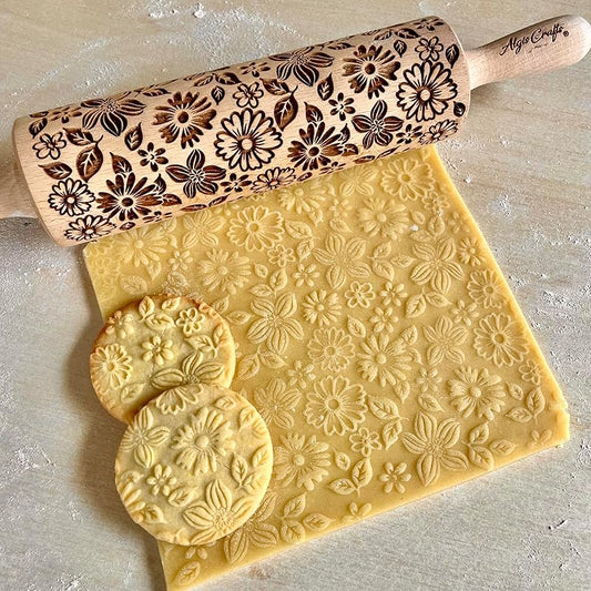 FLOWER MIX Embossing Rolling Pin with Flowers Pattern. Dough and Clay Roller for Embossed Cookies and Pottery. Cookie and Ceramic Stamp. Backing Gifts for Women by Algis Crafts