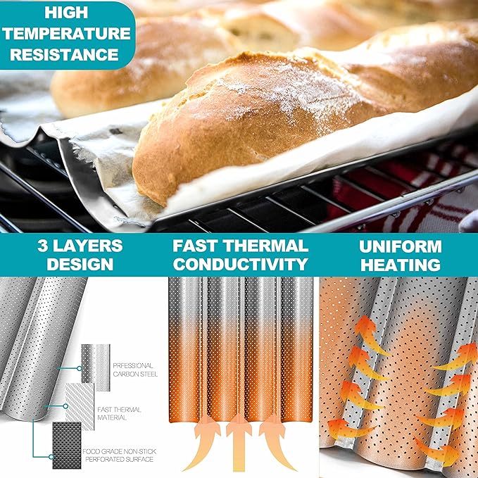 Anaeat Nonstick French Baguette Bread Pan with Thick Professional Proofing Cloth Dough Couche - Long Sourdough Bread Baking Pan Tray for Professional & Home Baker, Perforated Loaves Bake Mold Supplies
