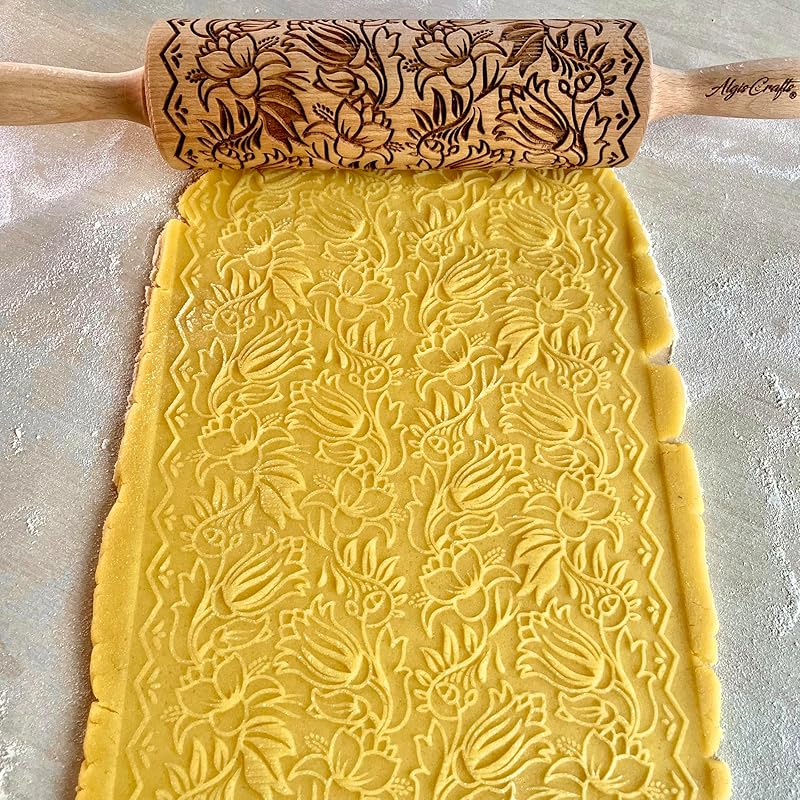 Embossing Rolling Pin BLOOMY with Floral Pattern – Dough and Clay Roller for Embossed Cookies and Pottery - Cookie and Ceramic Stamp - Baking Gifts for Women by Algis Crafts