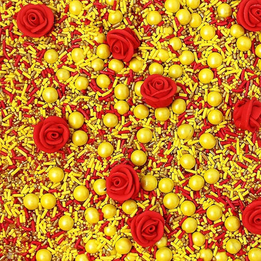 Sprinkle Pop Bell Of The Ball Princess Sprinkle Mix| Yellow Sprinkles with Red, Gold Pops & ~6 Red Roses Royal Icing| Birthday Sprinkles Made in USA for Decorating Cakes Cupcakes Cookies Donuts, 2oz