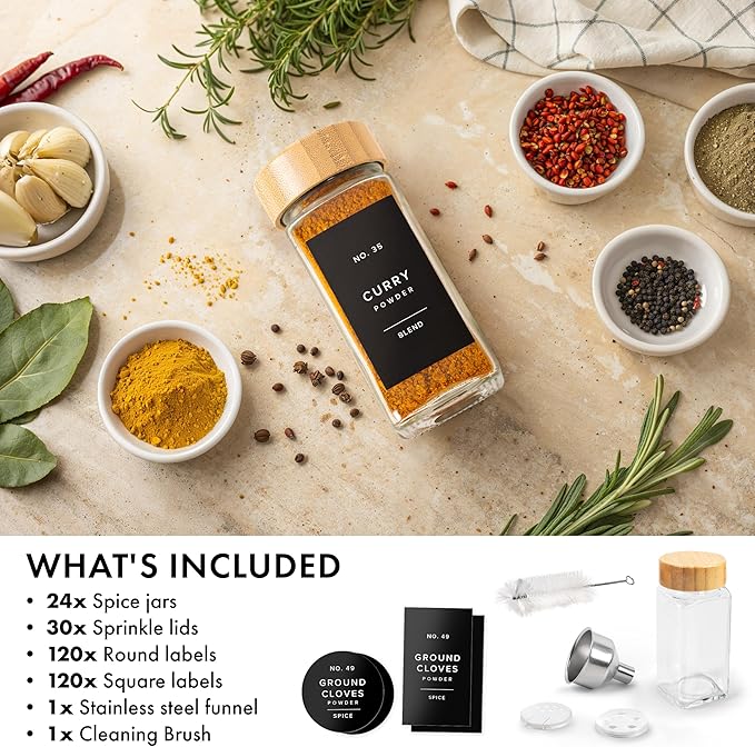 EDELHAUS® Square Spice Jars with Bamboo Wooden Lid (Pack of 24) Spice Jars with Shaker Insert and 240 Labels - Bamboo Lid Glass Container for Spice Organisation [4.3 in × 1.8 in]