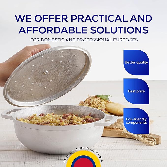 Universal (Professional Large) Caldero 47 Cups - 17 QT / 16 L, Stainless Aluminum Pot, Even Heat Distribution and Fast Cooking Dutch Oven Pot, Ergonomic Handles, Ideal for Rice, and French Fries