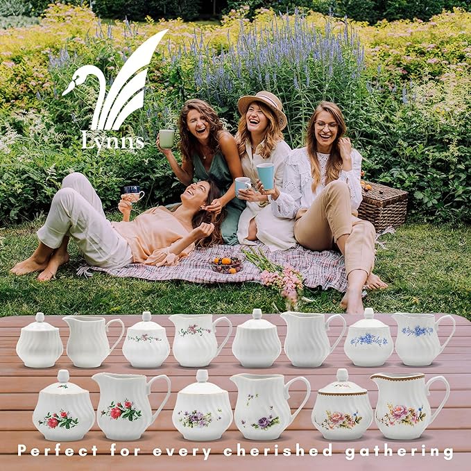 Sugar and Creamer Set - Porcelain Sugar and Creamer Floral Vintage Tea Set with Gold Trims & Embossed Swirls - Exquisite Fine China Tea Set for Parties & Celebrations - Vintage Rose Set by Lynns