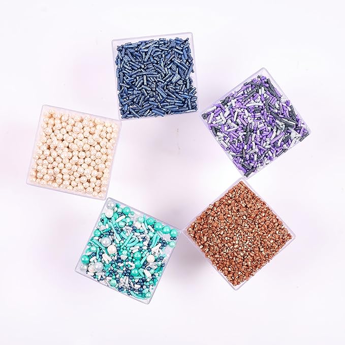 Confect Sea Paradise Sprinkles | Mix White & Sea Blue Pearl Dragees | Navy Blue Jimmies | Bronze Sparkling Sugar | Edible Under the sea Sprinkles | Vegan, Gluten-Free, Nut-Free, Soy-Free, Dairy-Free, Palm Oil-Free - 5 Oz