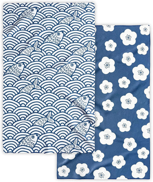 Kitchen Towels, Premium Dish Towels for Kitchen Drying, 18" x 30" Tea Towels, Quick Dry Microfiber Dish Cloths, Ocean Sakura Series, 2-Pack