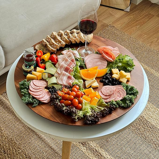 21" Acacia Wood Lazy Susan for Table Top - Wooden Turntable Serving Tray for Charcuterie Boards Cheese Board - Extra Large Round Lazy Susan Organizer - Kitchen Revolution for Countertop